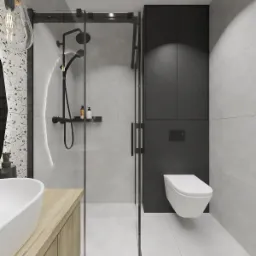 Wizualizacja nowoczesnej łazienki z kabiną prysznicową typu walk-in z czarnymi ramami, wiszącą toaletą, umywalką nablatową na drewnianej szafce i podłogą w stylu lastryko.