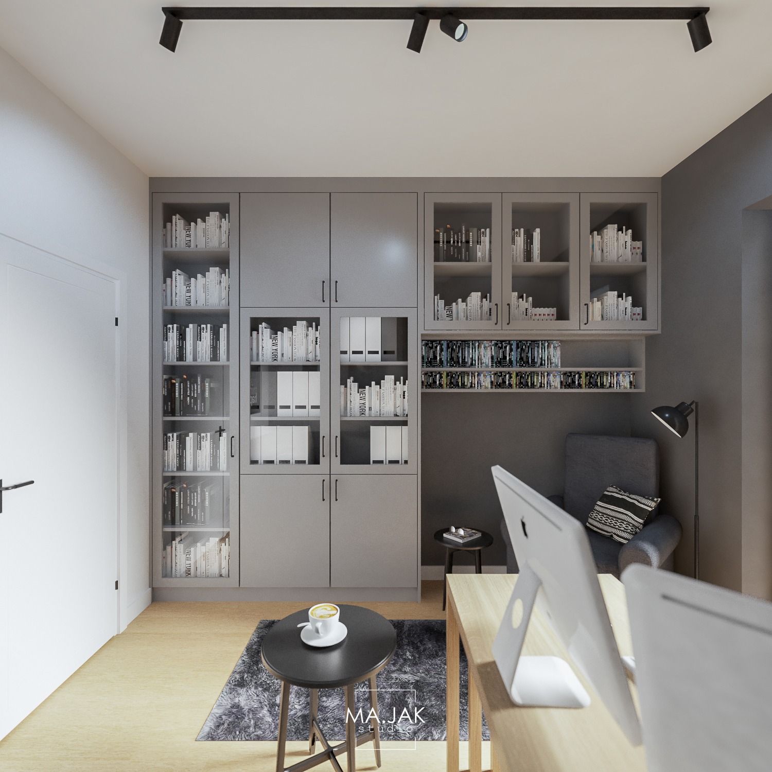 Wizualizacja szarego biura domowego z regałami na książki, biurkiem z komputerami, stolikiem kawowym z filiżanką i szarym fotelem z lampą podłogową w rogu