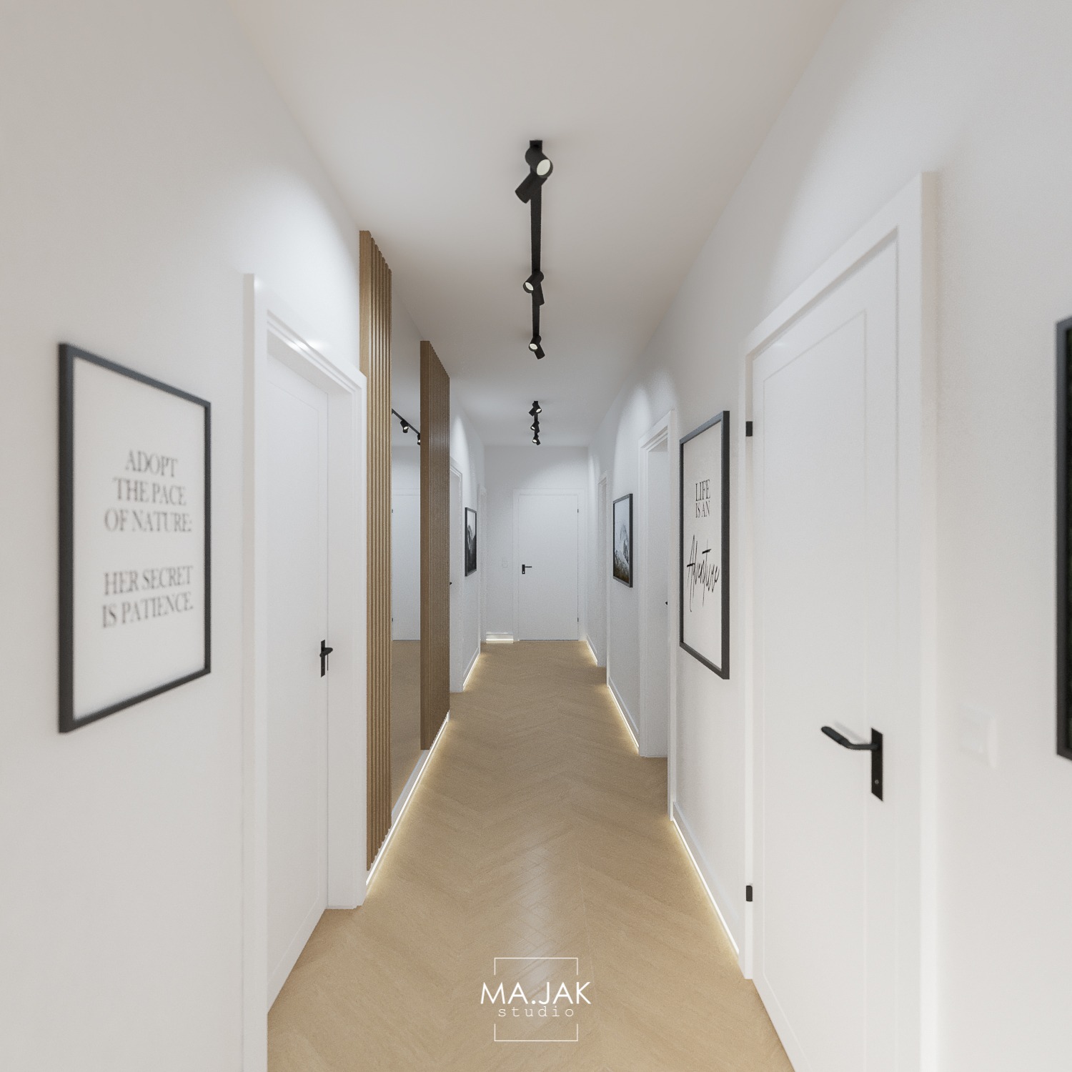 Nowoczesny, minimalistyczny korytarz z parkietem w jodełkę, białymi ścianami, czarnymi akcentami w postaci lamp i plakatów w ramach, oraz dekoracyjnymi lamelami z podświetleniem LED.