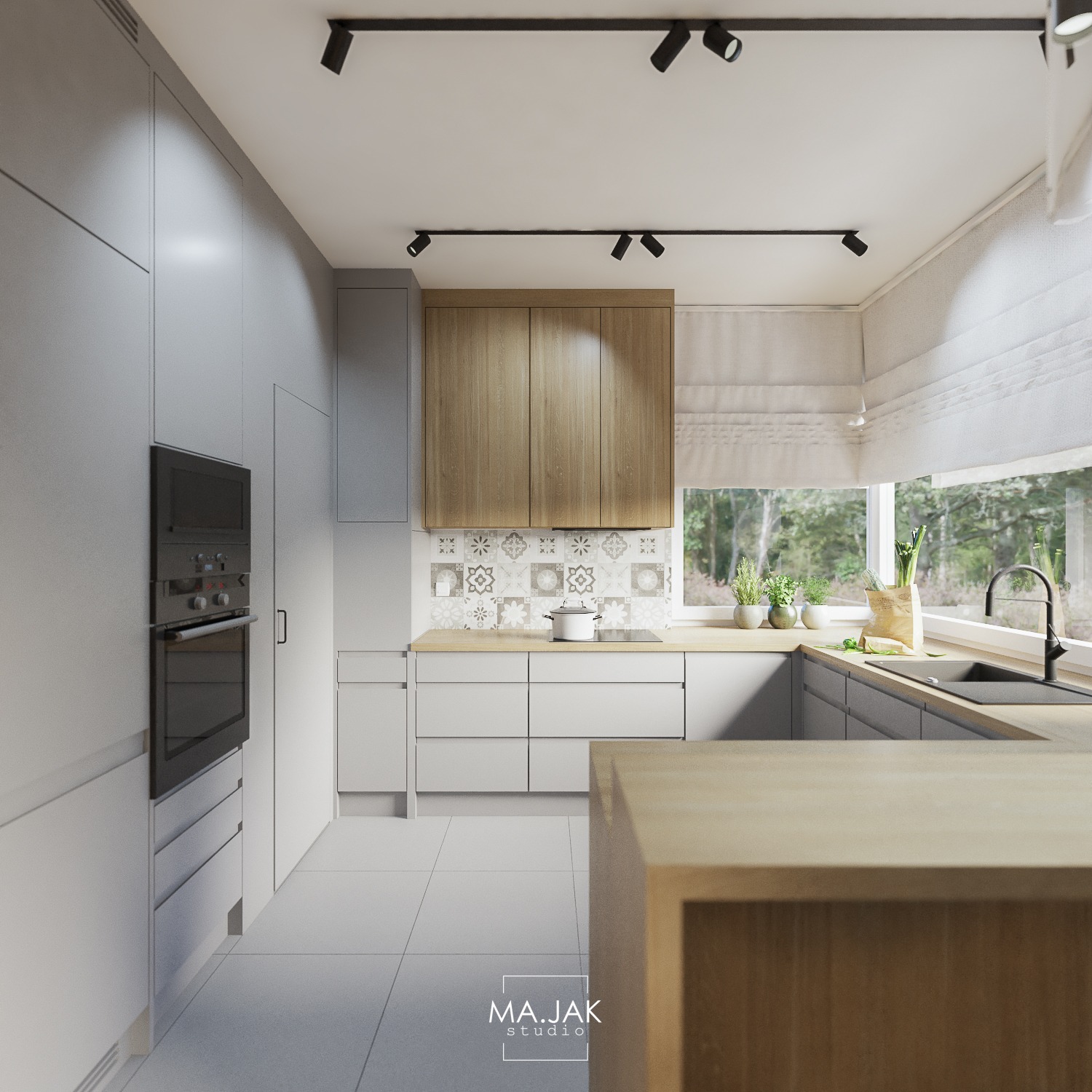 Nowoczesna kuchnia w Wysokiej Głogowskiej z białymi frontami szafek, drewnianymi akcentami i czarnym oświetleniem szynowym, widok na okno z zielenią.