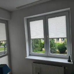 Białe, plisowane rolety w oknach z widokiem na zieleń. Rolety częściowo zasłonięte, widoczny grzejnik pod oknem i fragment balkonu z roślinami w drugim oknie.