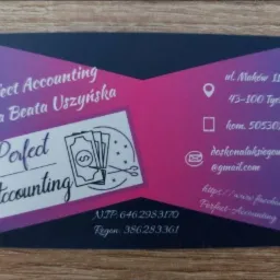 Wizytówka biura rachunkowego Perfect Accounting Daria Beata Uszyńska z adresem ul. Maków 11, Tychy, numerem telefonu i adresem e-mail, w fioletowo-różowej kolorystyce, z grafiką banknotów i nożyczek.