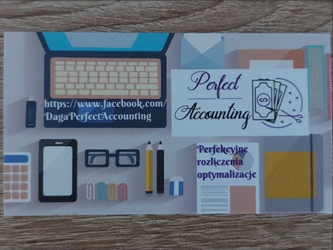Wizytówka firmy Perfect Accounting z ikonami laptopa, kalkulatora, smartfona, okularów i hasłem 'Perfekcyjne rozliczenia, optymalizacje', odnośnik do Facebooka.