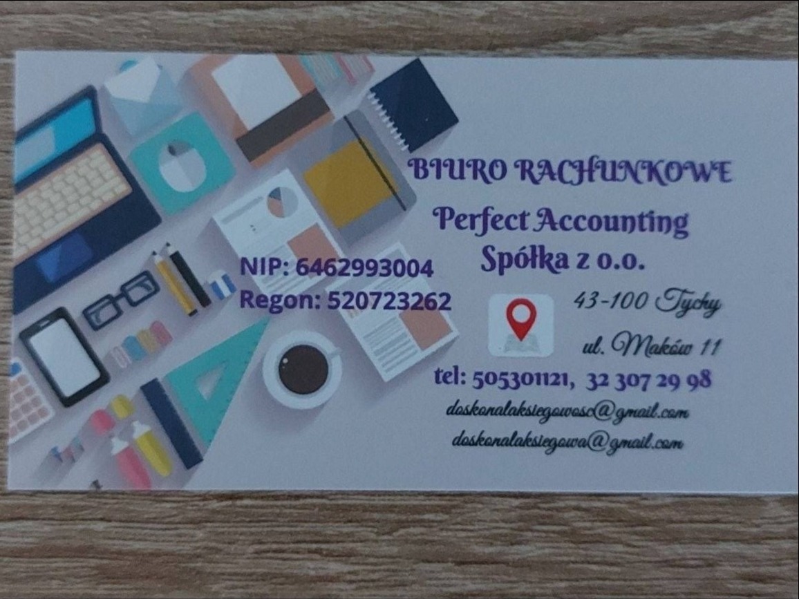 Wizytówka biura rachunkowego Perfect Accounting Spółka z o.o. z Tychów, z NIP, Regon, adresem i numerami telefonów, na jasnym tle z graficznymi ikonami symbolizującymi usługi księgowe, takie jak...