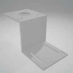 Render 3D kątownika montażowego z otworami i wycięciami, na jednolitym, jasnoszarym tle.