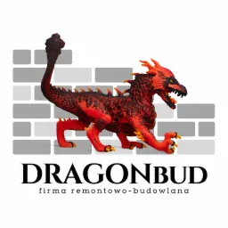 Logo firmy remontowo-budowlanej Dragonbud z wizerunkiem czerwono-czarnego smoka na tle grafiki imitującej mur z szarych cegieł.