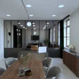 Wizualizacja nowoczesnego biura z dużym oknem, drewnianym stołem konferencyjnym, szarymi krzesłami i marmurowym biurkiem z laptopem, oświetlonego punktowymi lampami sufitowymi.