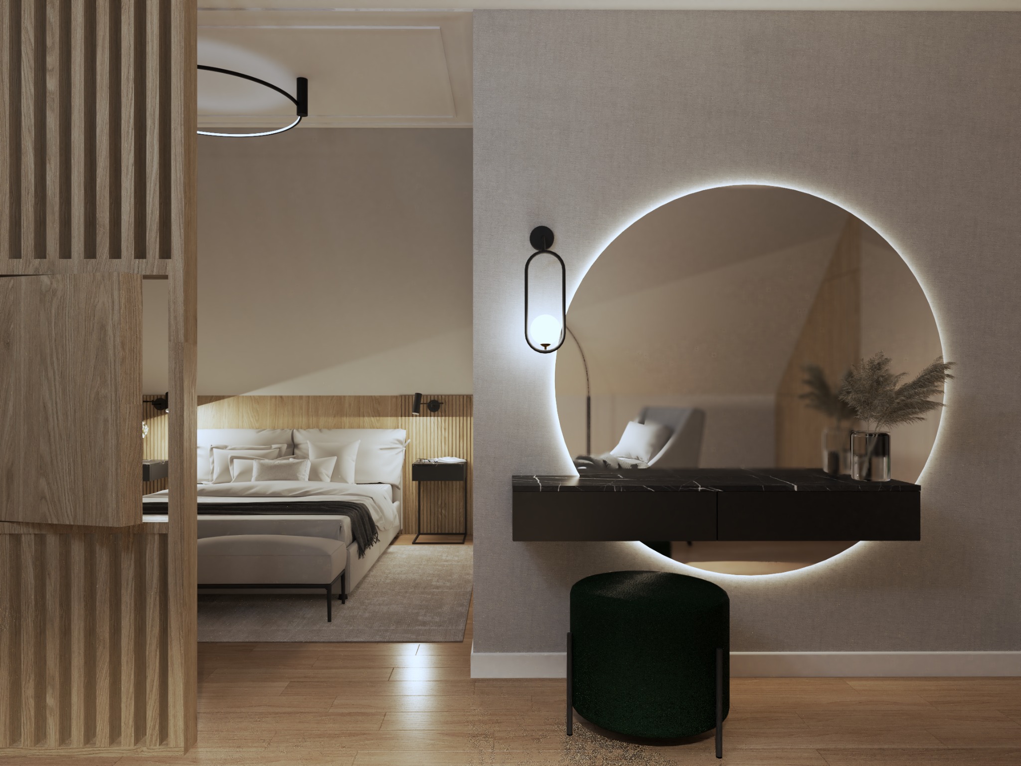 Nowoczesna sypialnia z toaletką z podświetlanym lustrem, czarnym blatem i zielonym pufem, widok zza drewnianej ażurowej ścianki działowej.