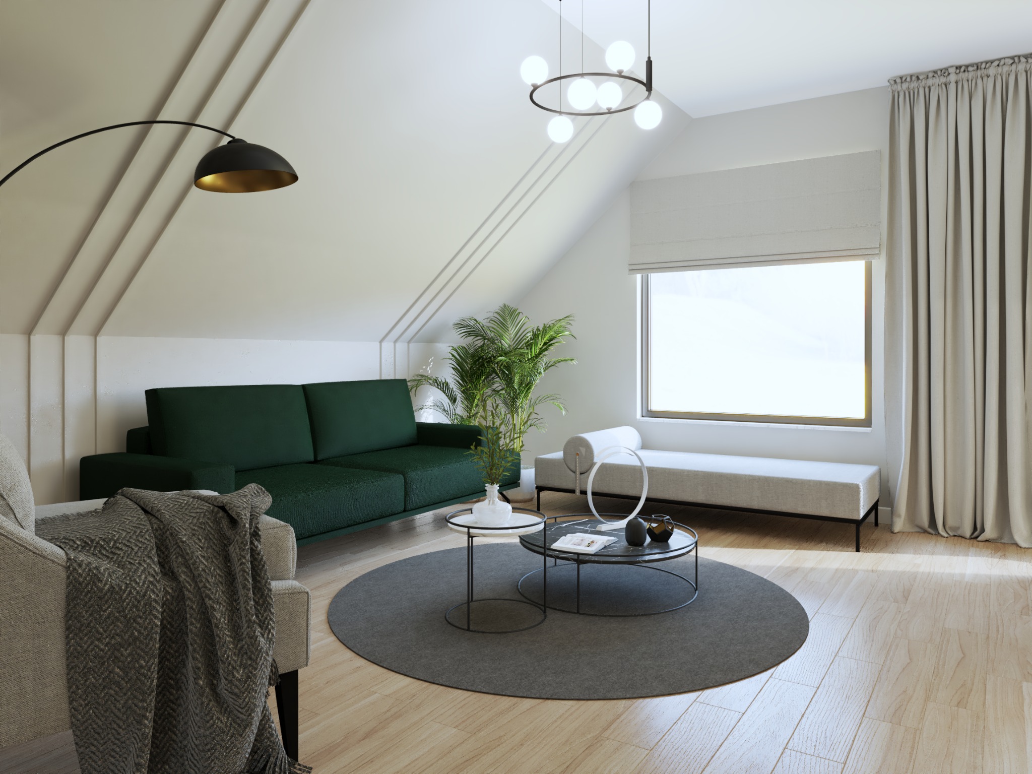 Jasne poddasze z zieloną sofą, okrągłym dywanem i nowoczesnym oświetleniem, akcentowane rośliną doniczkową i tekstyliami w stonowanych barwach.