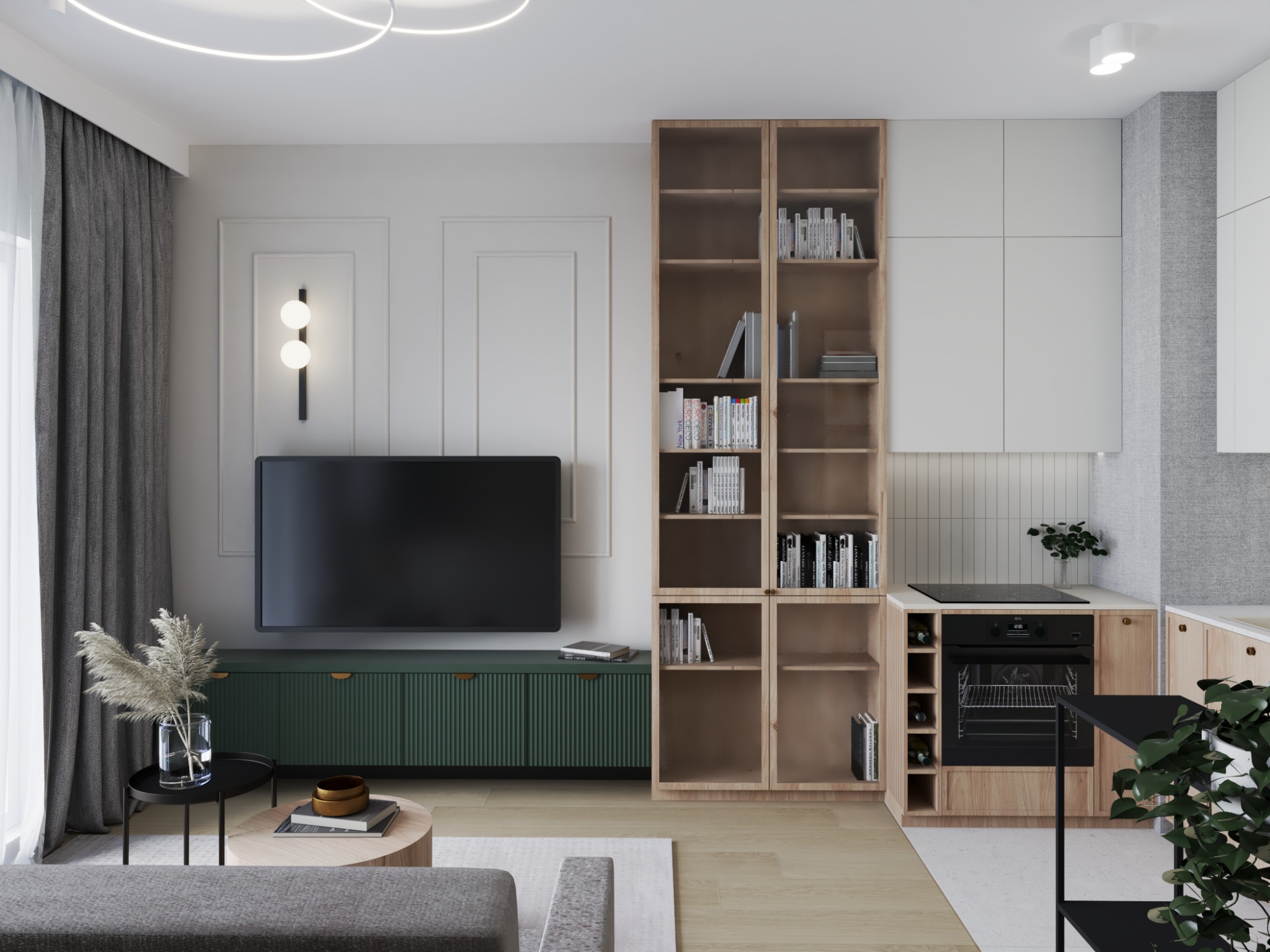 Wizualizacja salonu z aneksem kuchennym w stylu minimalistycznym, z zieloną szafką RTV z ryflowanymi frontami, drewnianym regałem z książkami i zabudową kuchenną w odcieniach bieli i drewna.