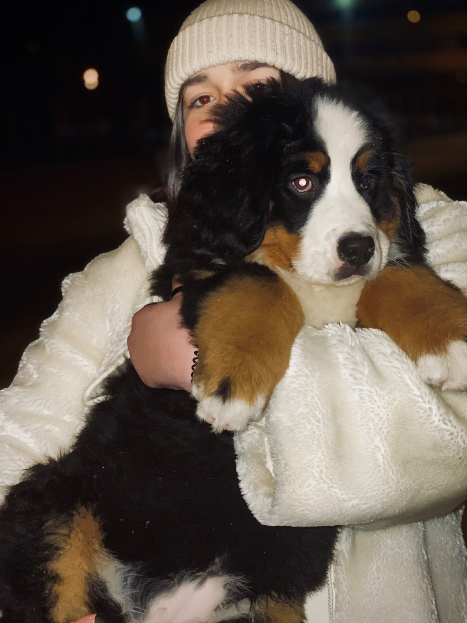 Młoda kobieta w beżowej czapce i pluszowej kurtce trzyma szczeniaka Berneńskiego Psa Pasterskiego na tle nocnego krajobrazu.