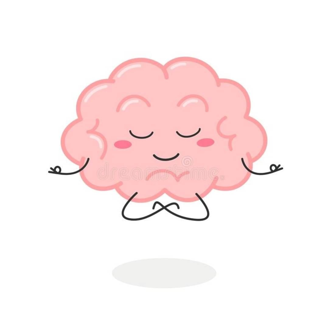 Różowy mózg w pozycji lotosu, z zamkniętymi oczami i uśmiechem, unosi się nad białą powierzchnią.