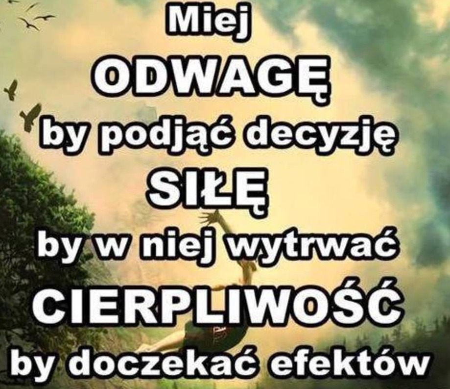 Motywacyjny obrazek z tekstem 'Miej odwagę by podjąć decyzję, siłę by w niej wytrwać, cierpliwość by doczekać efektów' na tle krajobrazu z drzewami, chmurami i ptakami.