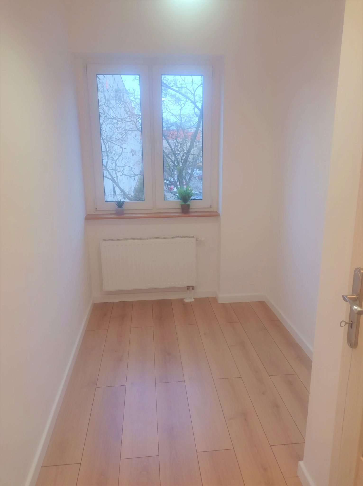 Wrocław: Puste, wykończone wnętrze pokoju z panelami podłogowymi, białymi ścianami i grzejnikiem pod oknem z widokiem na drzewa.