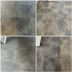 MajLen - Dywan w biurze po praniu, widoczne różnice w czystości, szare odcienie, zbliżenie na strukturę materiału. Fragment mebla w lewym dolnym rogu.