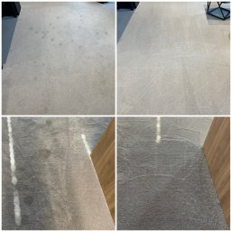 MajLen - Efekt prania dywanu przed i po w Rakoniewicach. Widoczne wyraźne różnice w czystości i wyglądzie włókien dywanu, usunięte plamy i odświeżony kolor.