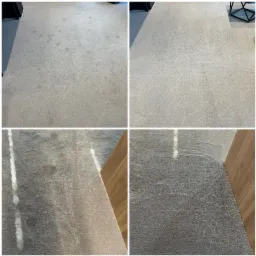 Efekt prania dywanu przed i po w Rakoniewicach. Widoczne wyraźne różnice w czystości i wyglądzie włókien dywanu, usunięte plamy i odświeżony kolor.