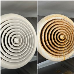 MajLen - Kratka wentylacyjna: po lewej czysta, po prawej silnie zabrudzona, ukazana w zbliżeniu. Kontrastowe ujęcie przed i po czyszczeniu, prezentujące skuteczność usługi.