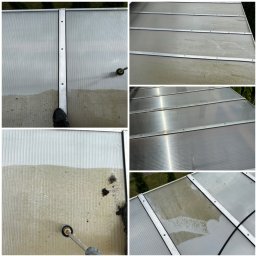 MajLen - Mycie dachu z poliwęglanu myjką ciśnieniową, widoczny efekt czyszczenia w Rakoniewicach. Fragment dachu przed i po umyciu, zbliżenie na dyszę myjki.