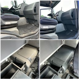 MajLen - Kabina ciężarówki przed i po czyszczeniu: widoczne różnice w czystości fotela, podłogi i schowków. Detale wnętrza odświeżone, poprawa estetyki i higieny.