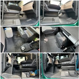 MajLen - Kolaż wnętrza kabiny ciężarówki MAN przed i po sprzątaniu. Widoczne czyste dywaniki i tapicerka, w kontraście do zabrudzonej podłogi i elementów przed czyszczeniem.