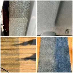 Kolaż: czyszczenie tapicerki, podsufitki auta, tarasu drewnianego i dywanu. Widoczny efekt czyszczenia 'przed i po' na różnych powierzchniach.