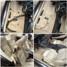 Czyszczenie wnętrza BMW cabrio: widok przed i po na dywaniki podłogowe i skórzane fotele, z użyciem odkurzacza. Detailing samochodowy.