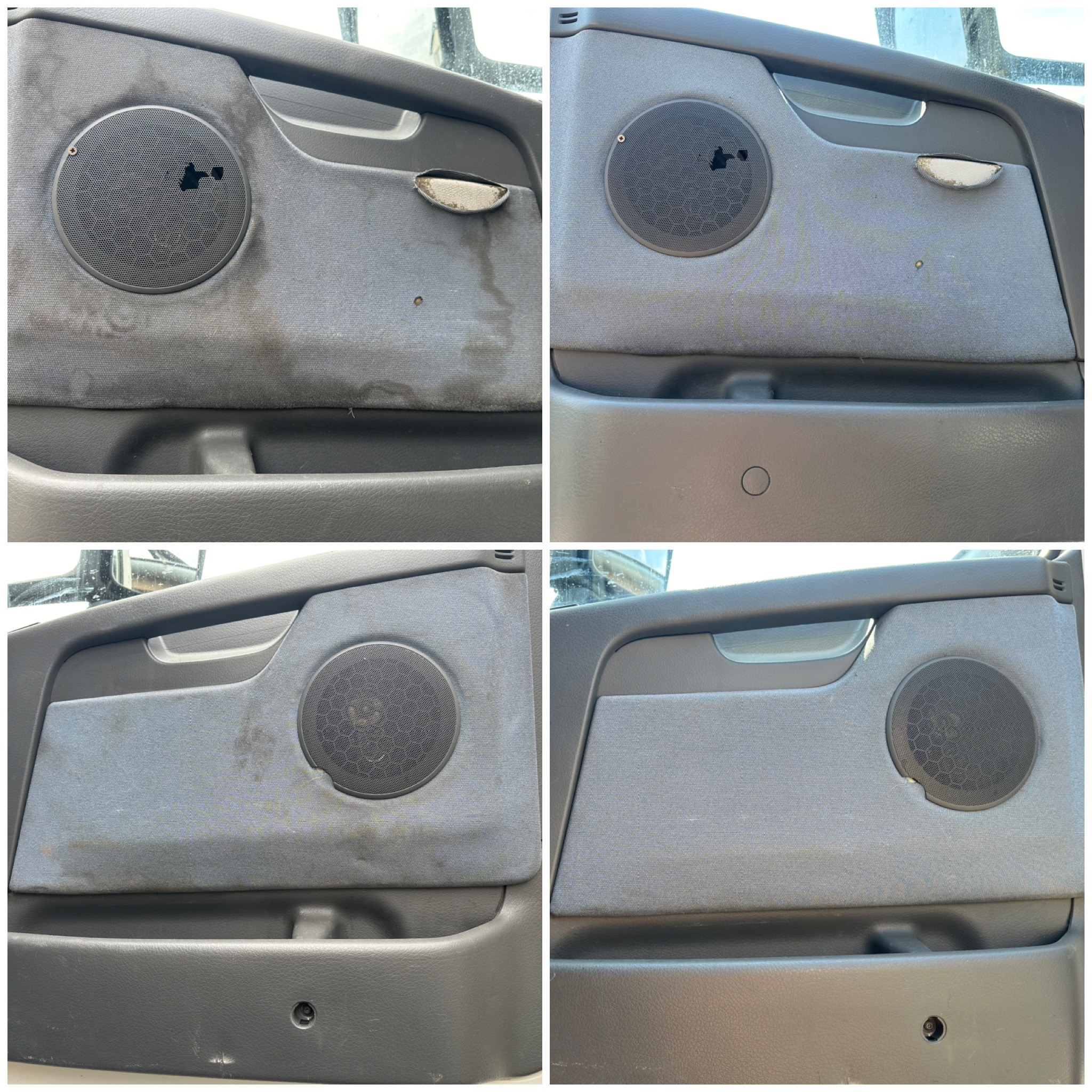 Czteropanelowe ujęcie tapicerki drzwi samochodu: po lewej brudna, po prawej wyczyszczona, ukazujące efekt prania tapicerki samochodowej z plam i zabrudzeń.