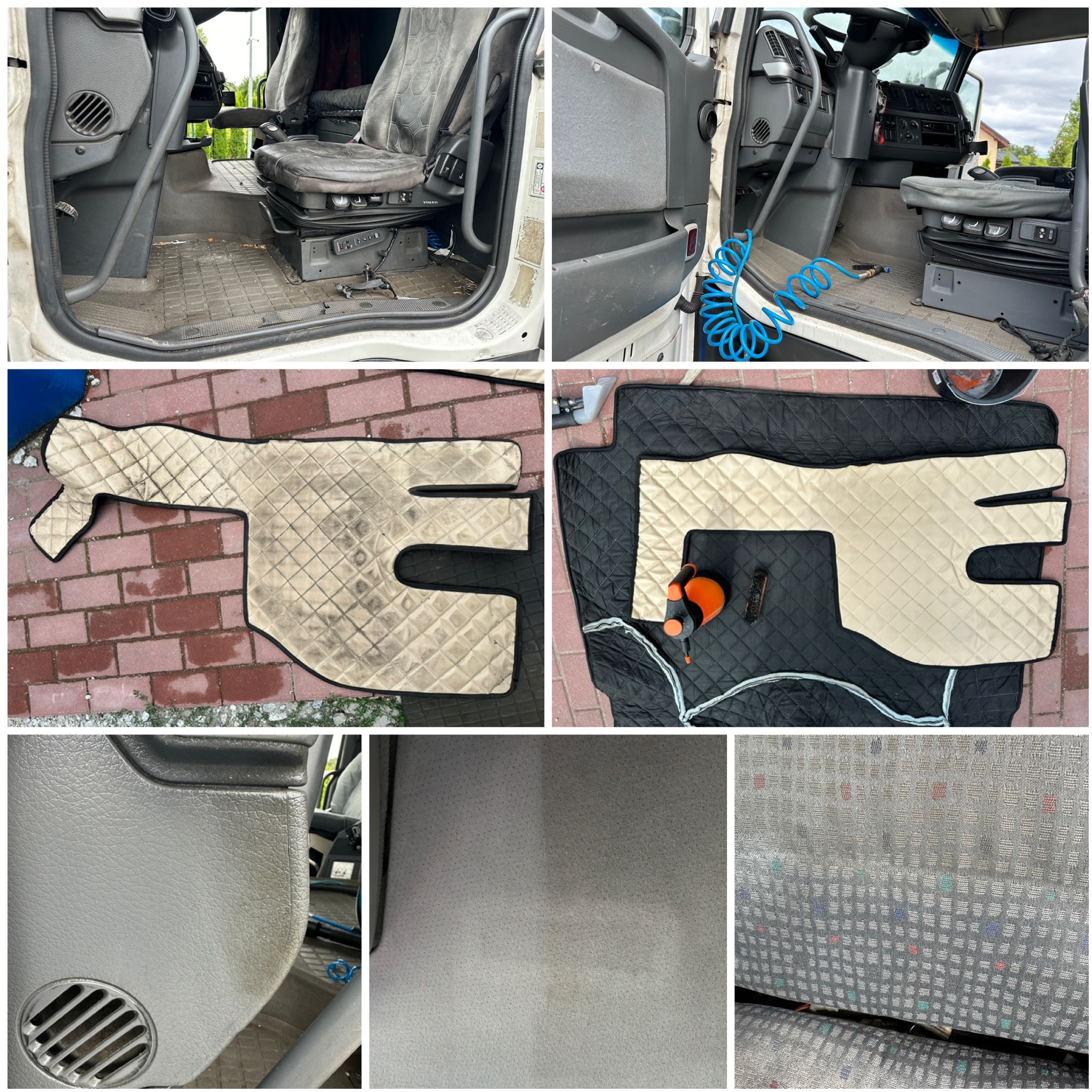 Kompleksowe czyszczenie wnętrza ciężarówki: fotele, podłoga i tapicerka po praniu. Widoczne narzędzia i efekt czyszczenia na różnych elementach kabiny.