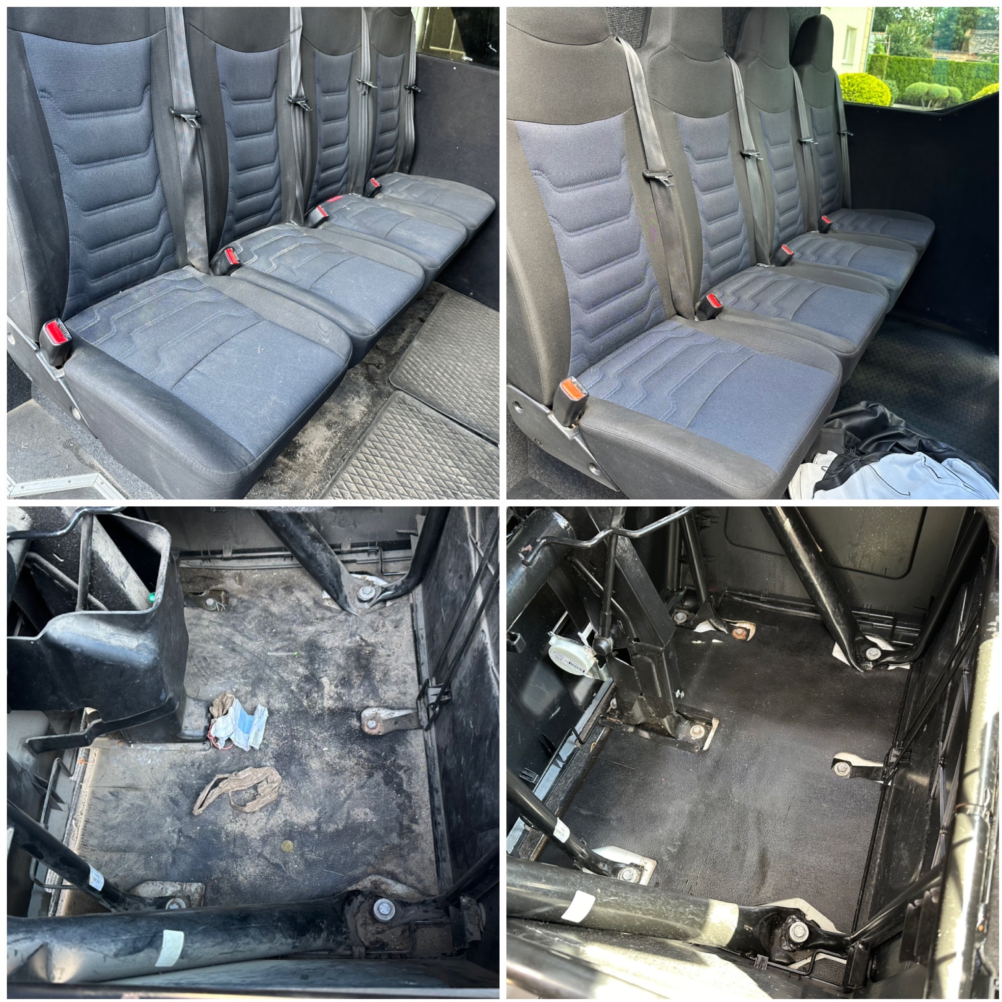 Cztery kadry wnętrza busa: tapicerowane fotele przed i po czyszczeniu, podłoga przed i po sprzątaniu, ukazujące różnicę w czystości i detale.