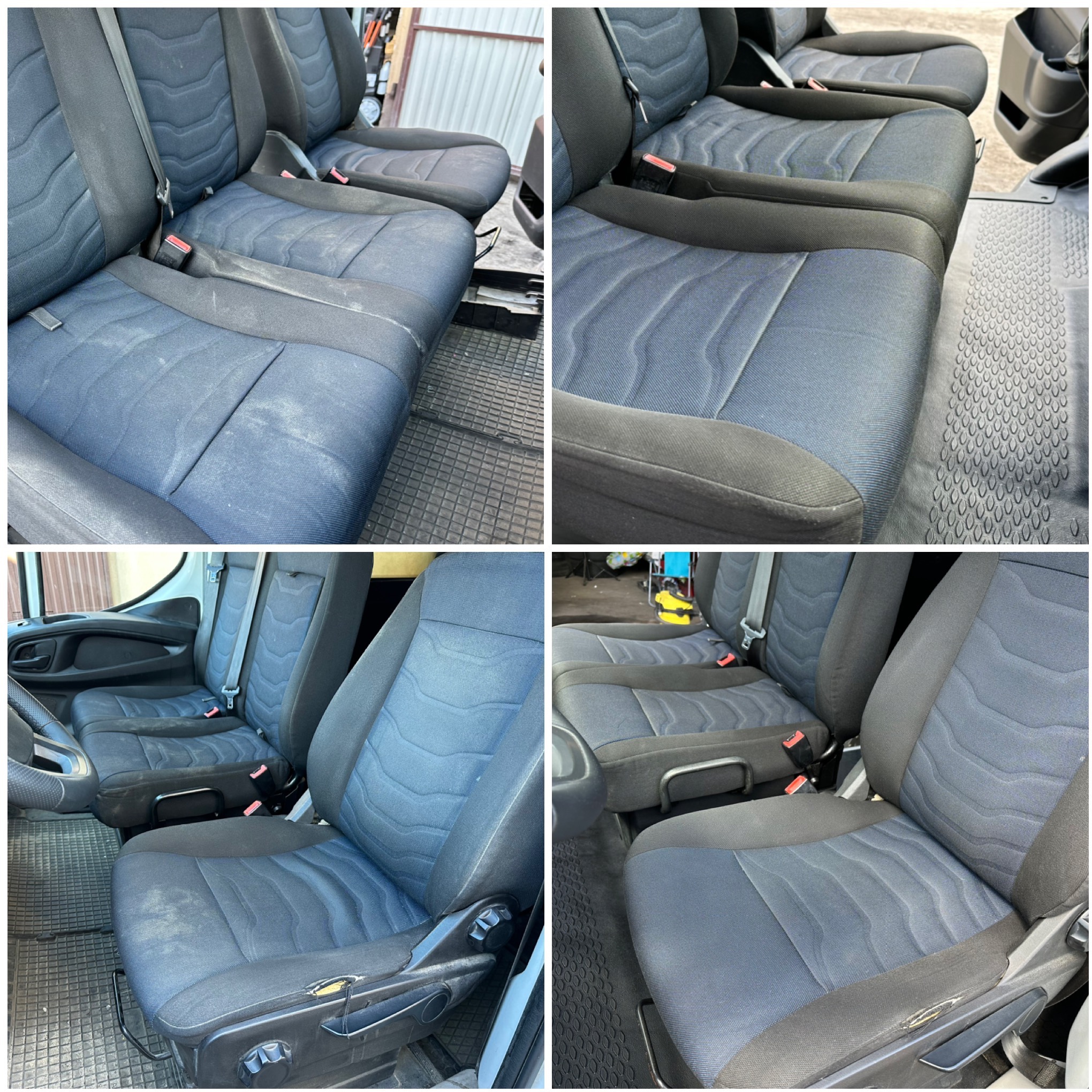 Tapicerka samochodowa z wyraźnymi plamami i zabrudzeniami, wymagająca czyszczenia. Widoczne detale faktury materiału i mocne kontrasty zabrudzeń na fotelach.