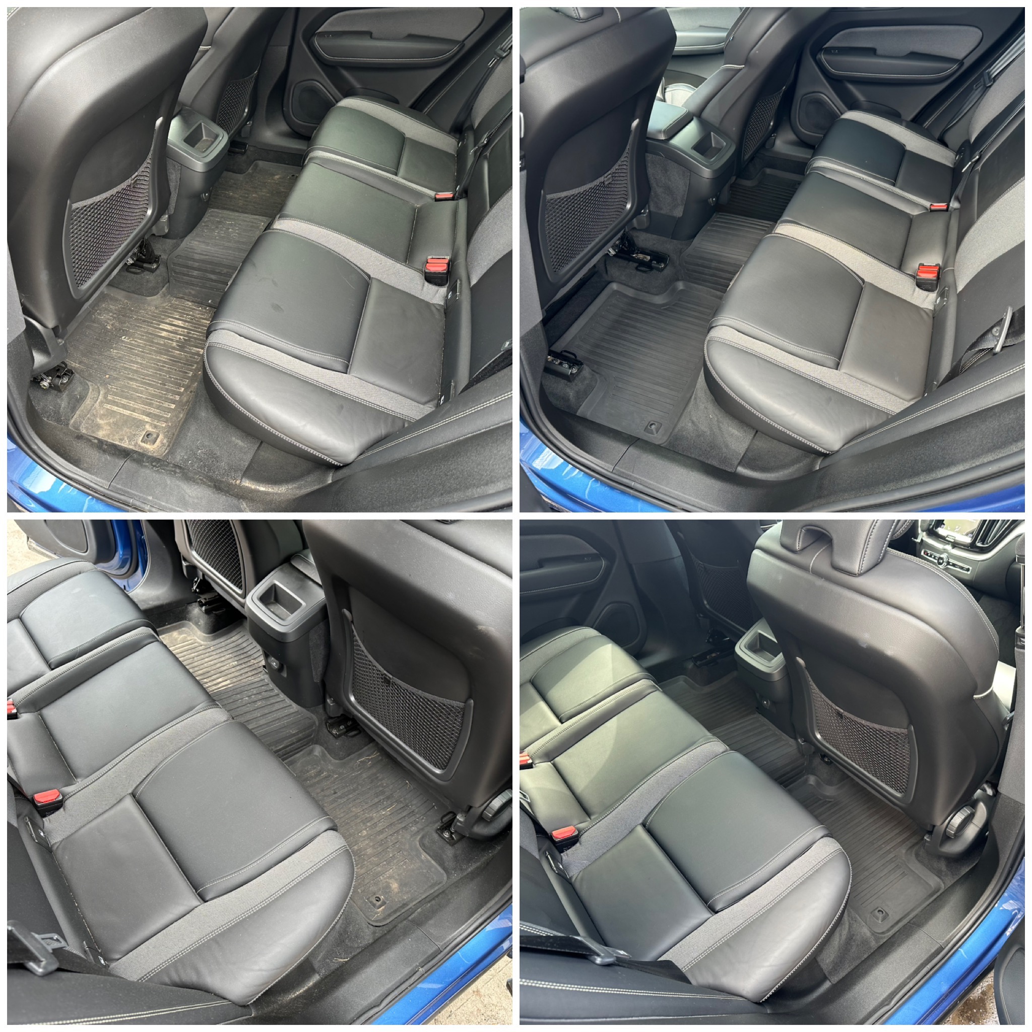 Czyszczenie tapicerki samochodowej: porównanie stanu przed i po. Widoczne czarne skórzane siedzenia i gumowe dywaniki w tylnej części pojazdu.