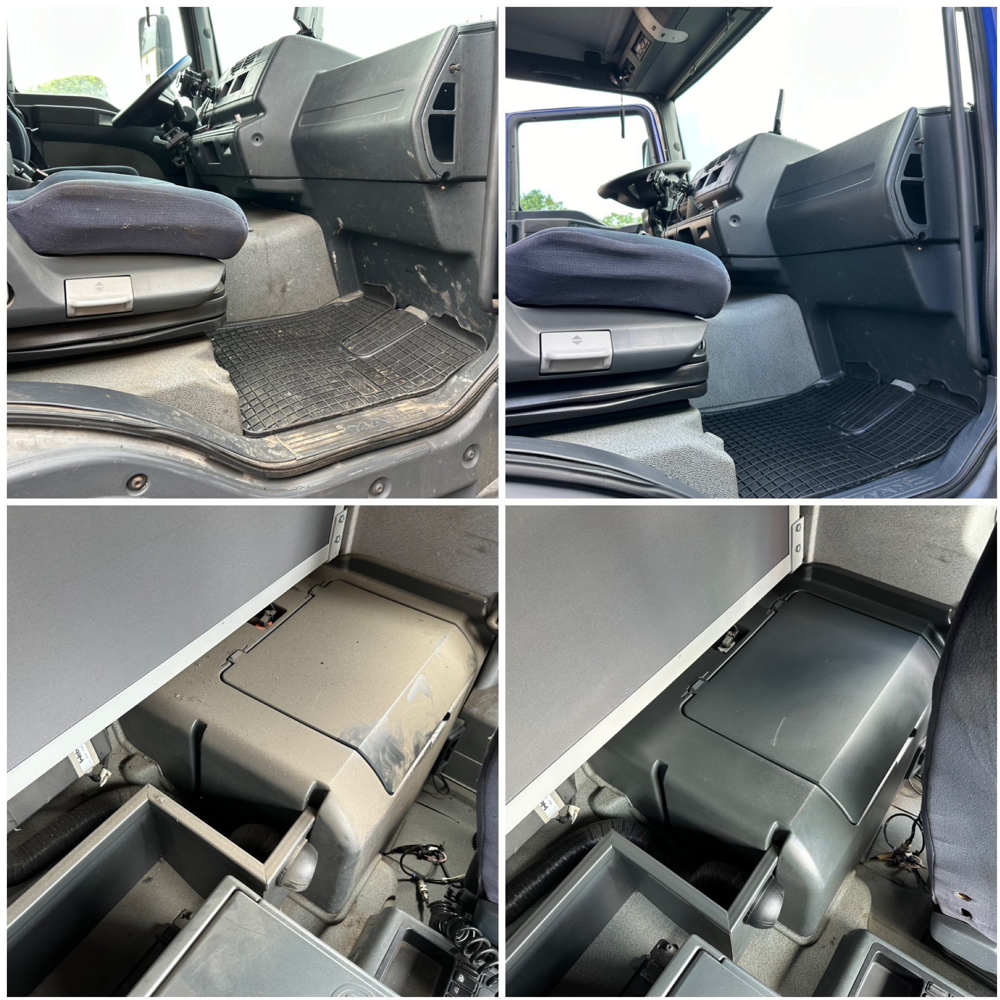 Kabina ciężarówki przed i po czyszczeniu: widoczne różnice w czystości fotela, podłogi i schowków. Detale wnętrza odświeżone, poprawa estetyki i higieny.