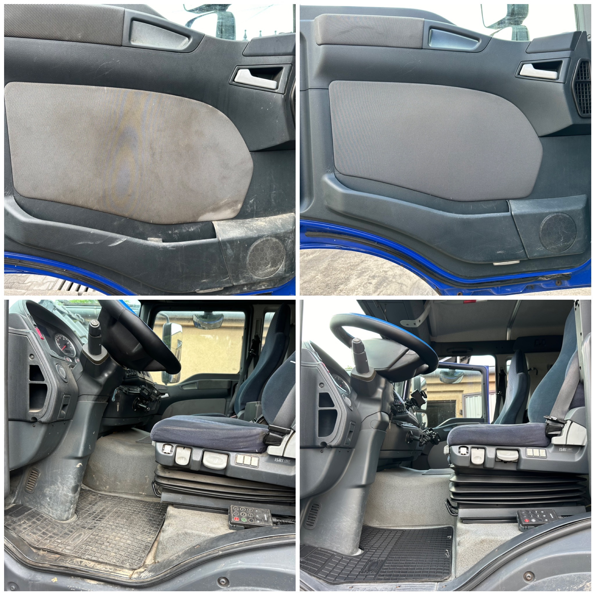 Cztery kadry wnętrza kabiny ciężarówki: drzwi i podłoga przed i po czyszczeniu. Widoczne różnice w czystości tapicerki i dywaników.