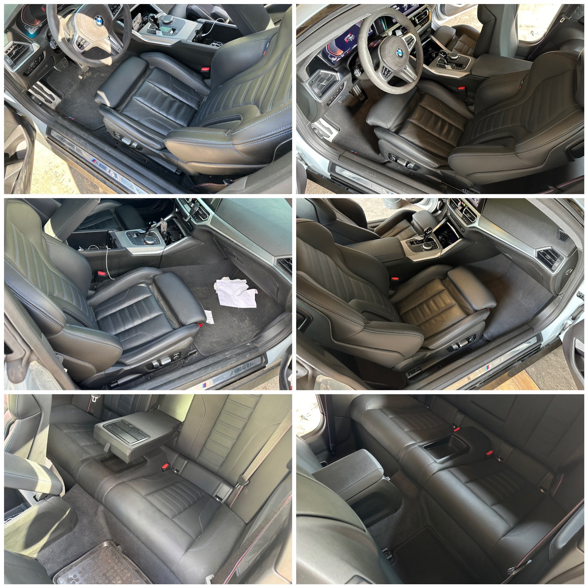 Komplet zdjęć wnętrza BMW serii 3 po czyszczeniu: skórzane fotele, dywaniki i deska rozdzielcza odświeżone, widoczne detale wykończenia i brak zabrudzeń.