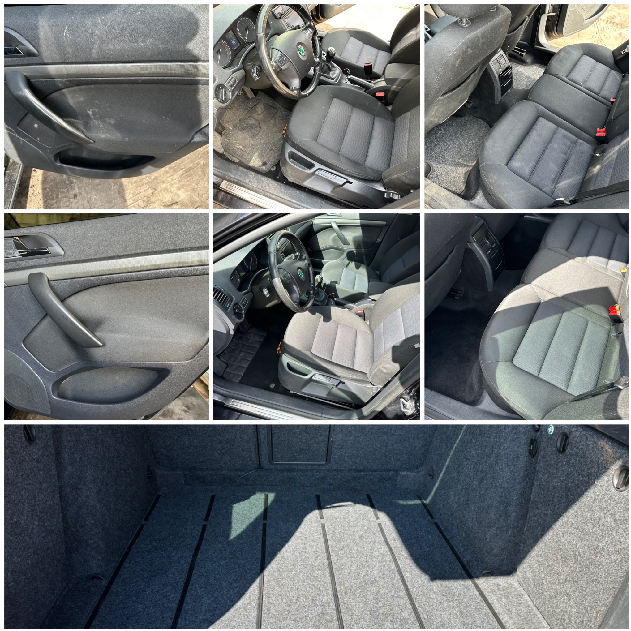Kolaż: wnętrze samochodu przed czyszczeniem. Widoczne zabrudzone fotele, podłoga, kokpit i bagażnik. Wnętrze auta marki Skoda Octavia.