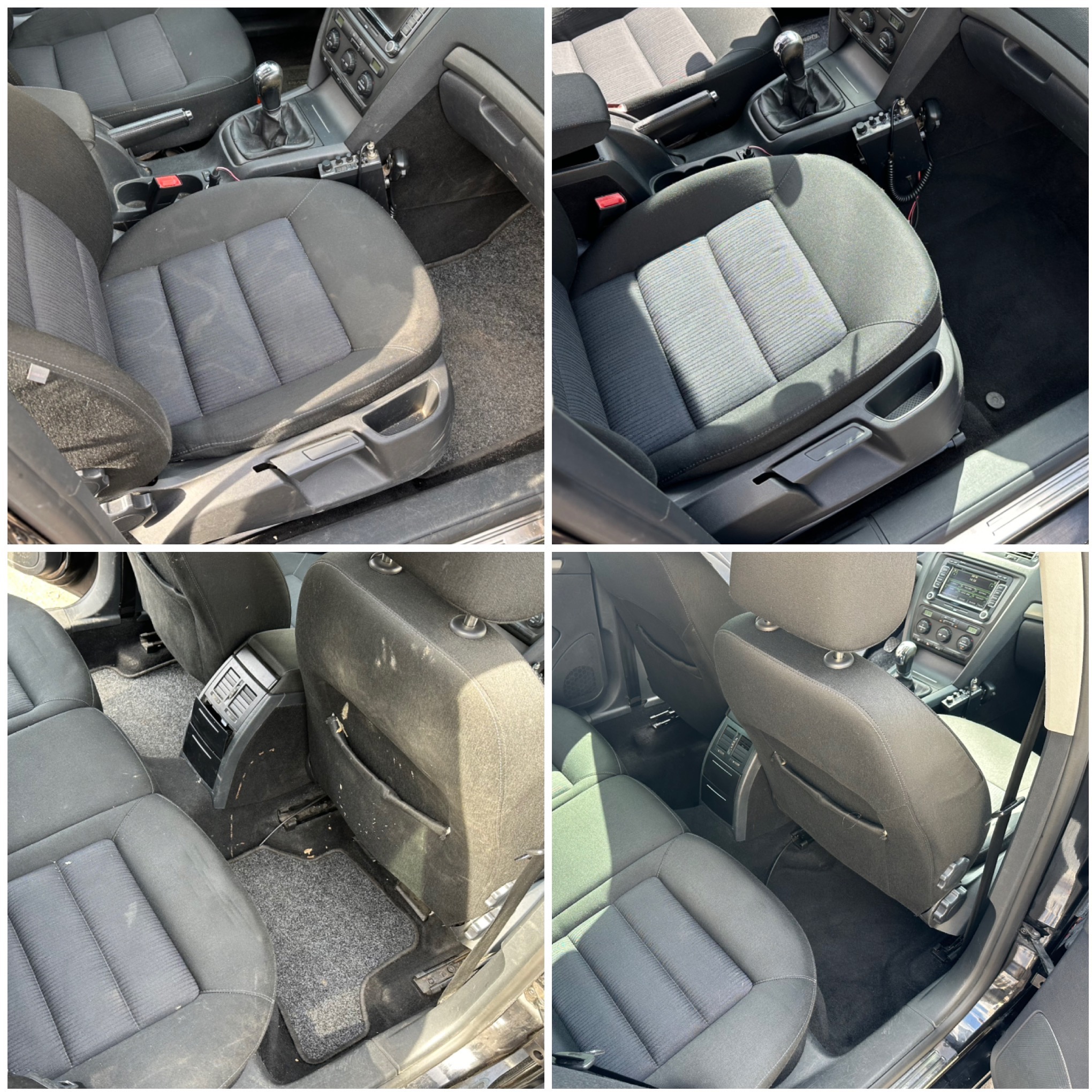 Kolaż przedstawia wnętrze samochodu przed i po czyszczeniu tapicerki. Widoczne fotele i dywaniki z przodu i z tyłu, ukazujące różnicę w czystości po zabiegu.