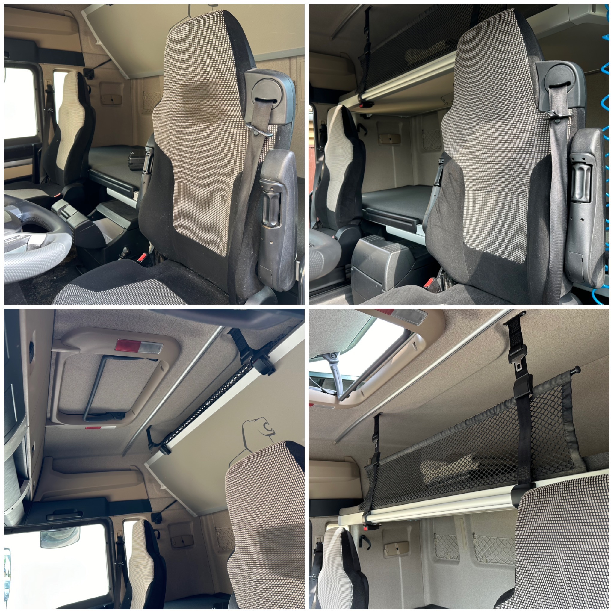 Wnętrze kabiny ciężarówki: fotel kierowcy z pasem, leżanka, schowki podsufitowe, kratka zabezpieczająca. Widok na przestrzeń sypialną w pojeździe ciężarowym.