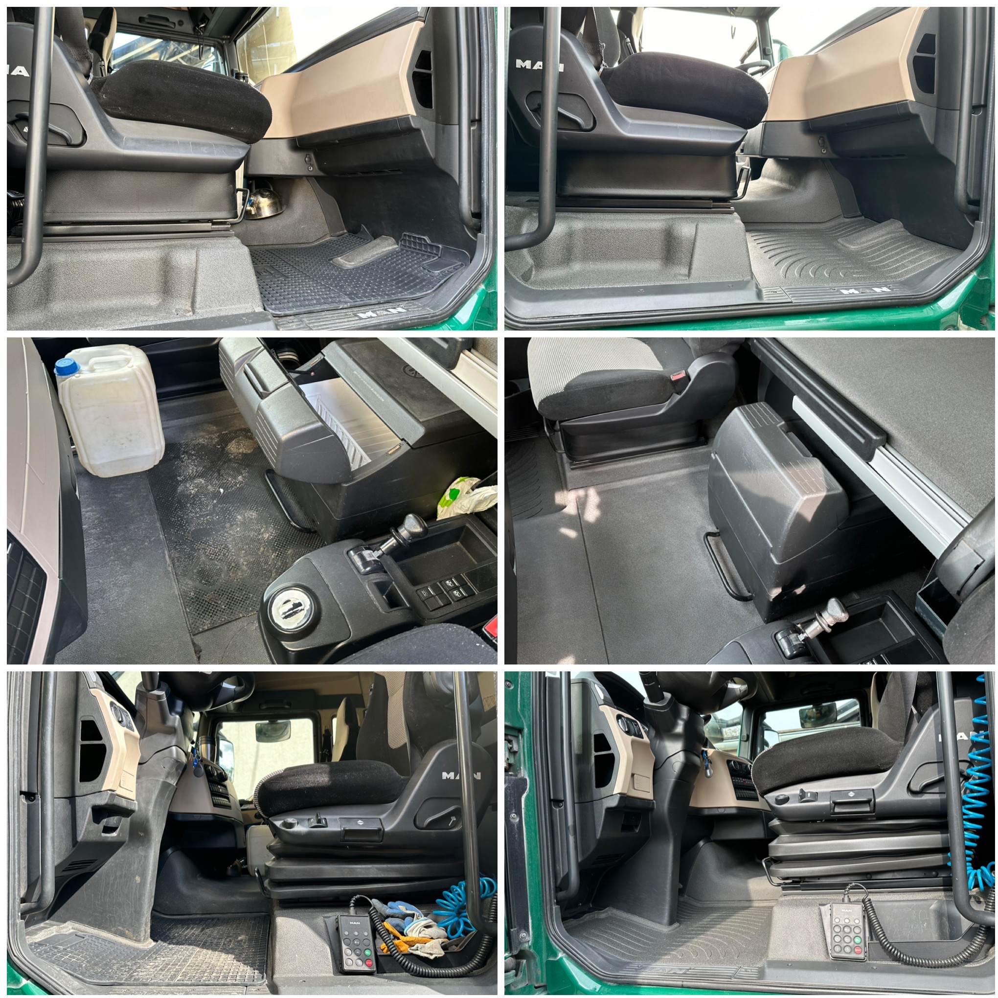 Kolaż wnętrza kabiny ciężarówki MAN przed i po sprzątaniu. Widoczne czyste dywaniki i tapicerka, w kontraście do zabrudzonej podłogi i elementów przed czyszczeniem.