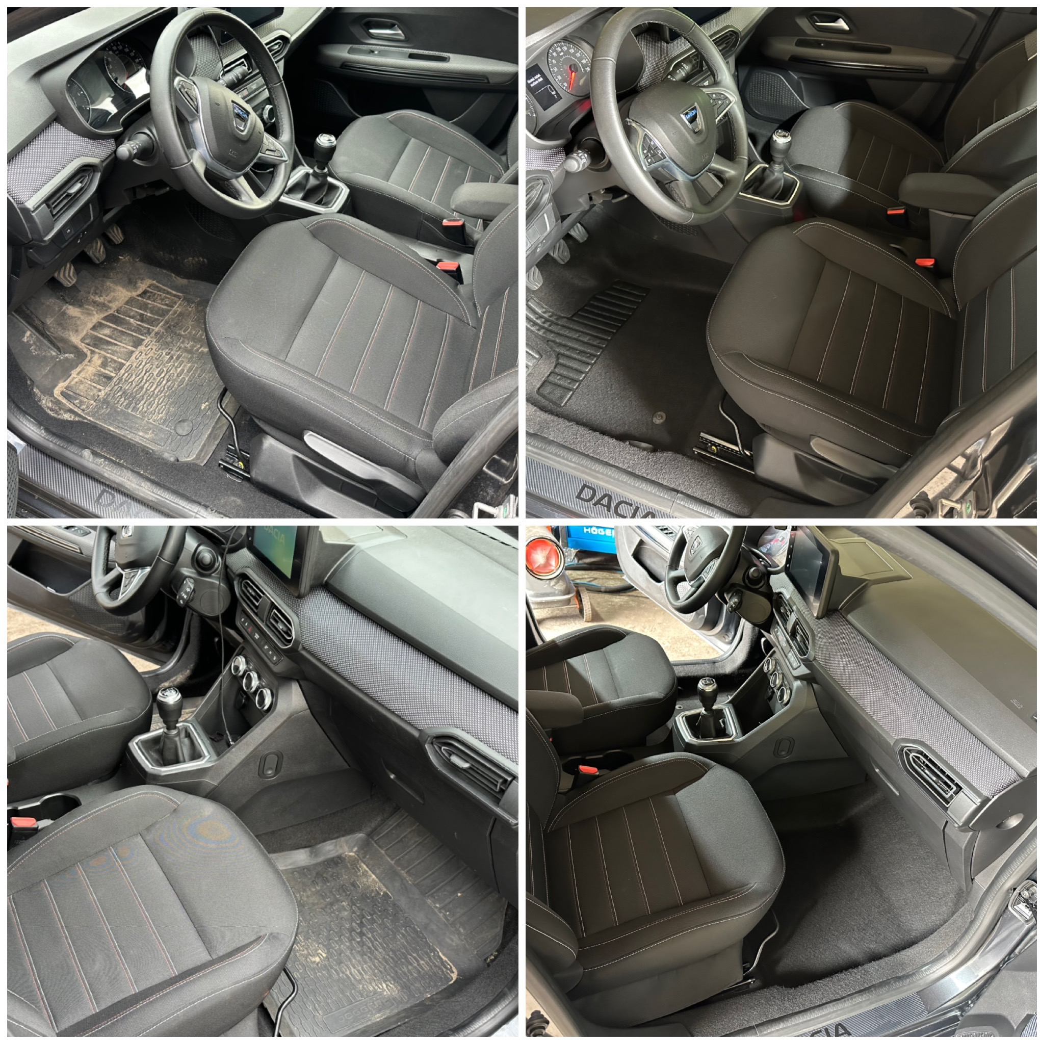 Kolaż: wnętrze samochodu Dacia - widok przed i po czyszczeniu. Dywaniki i fotele wyraźnie czystsze, widoczne detale deski rozdzielczej i kierownicy.