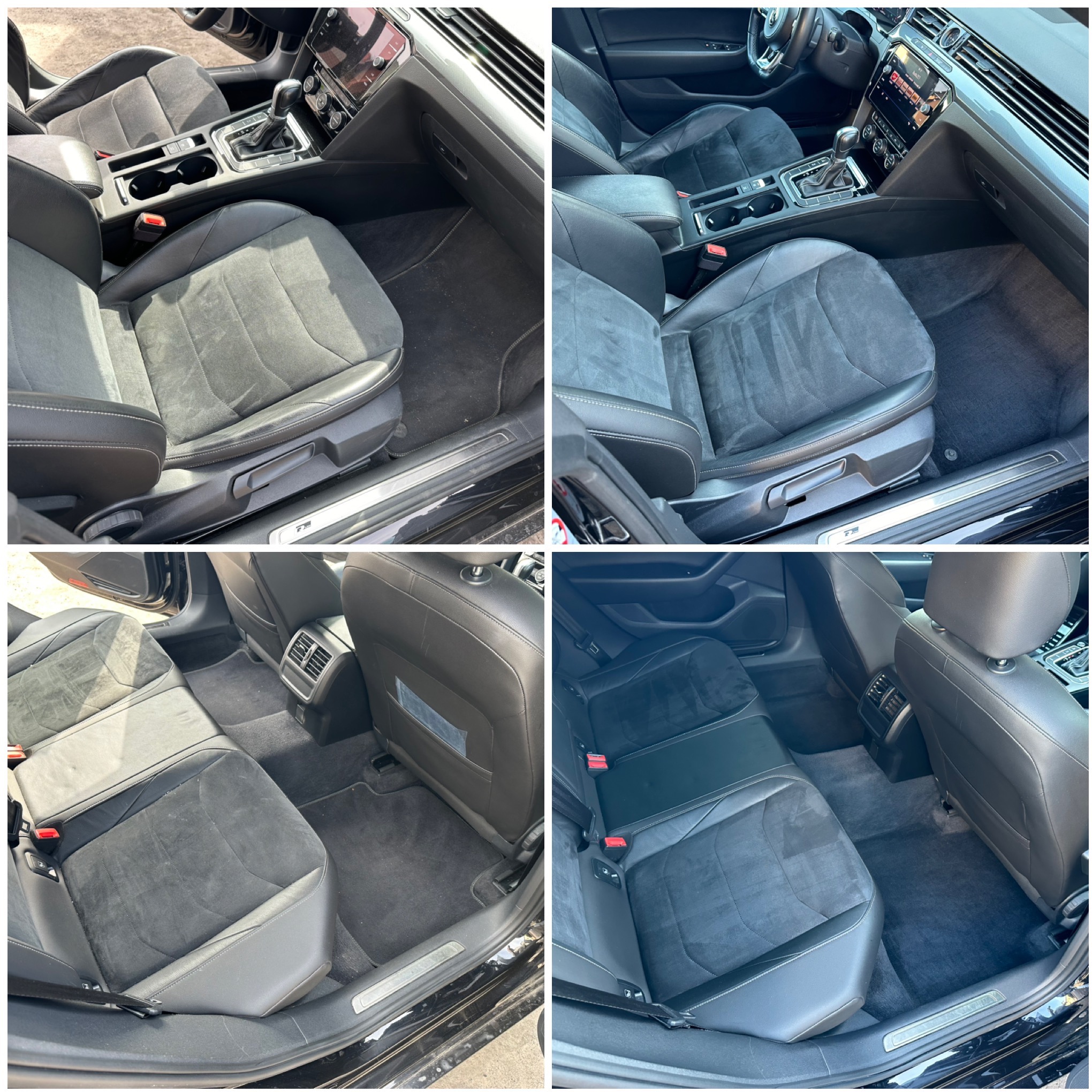 Cztery kadry: wnętrze czarnego auta przed i po czyszczeniu. Widoczne fotele z alcantary, dywaniki i deska rozdzielcza. Kontrast czystości i detale wykończenia.