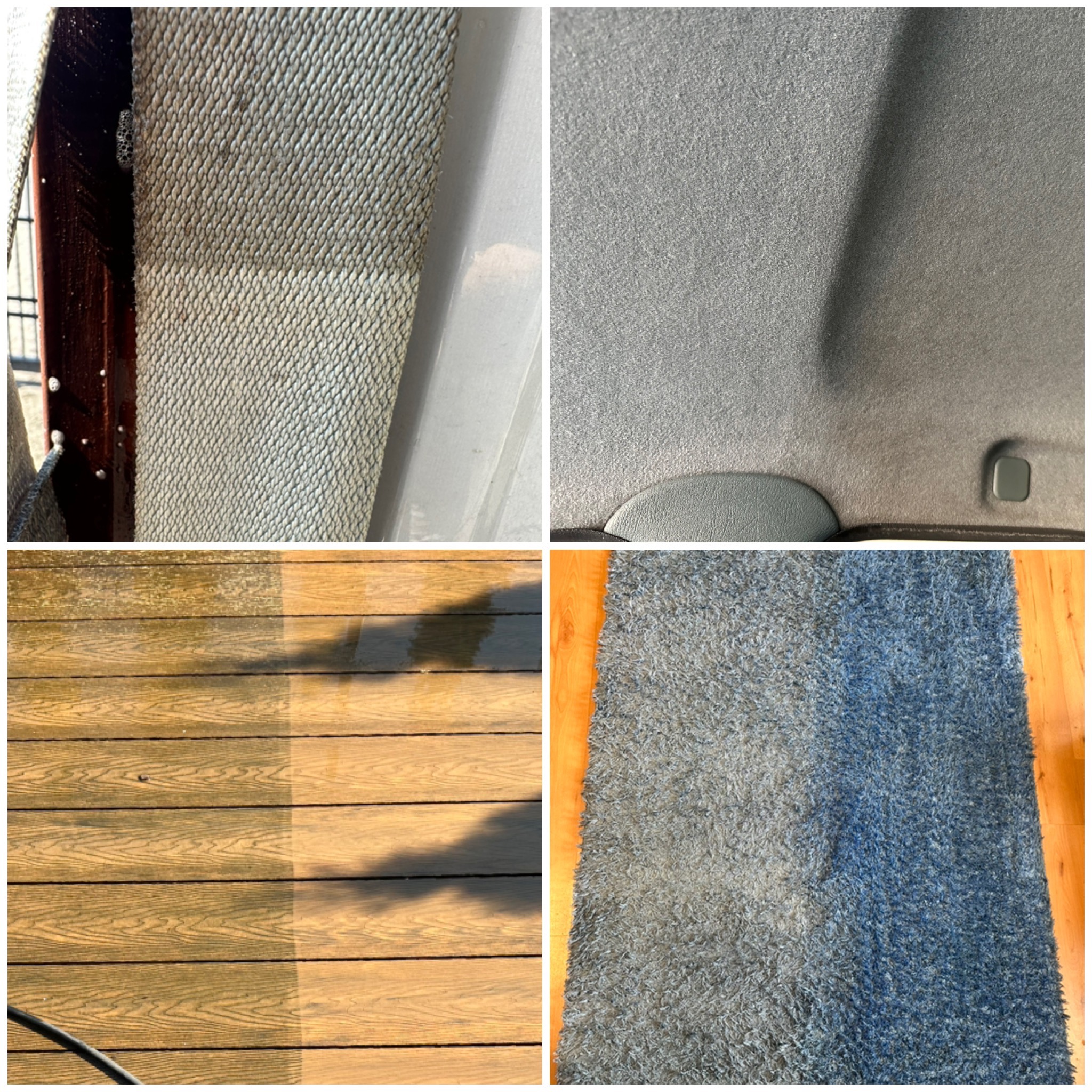 Kolaż: czyszczenie tapicerki, podsufitki auta, tarasu drewnianego i dywanu. Widoczny efekt czyszczenia 'przed i po' na różnych powierzchniach.