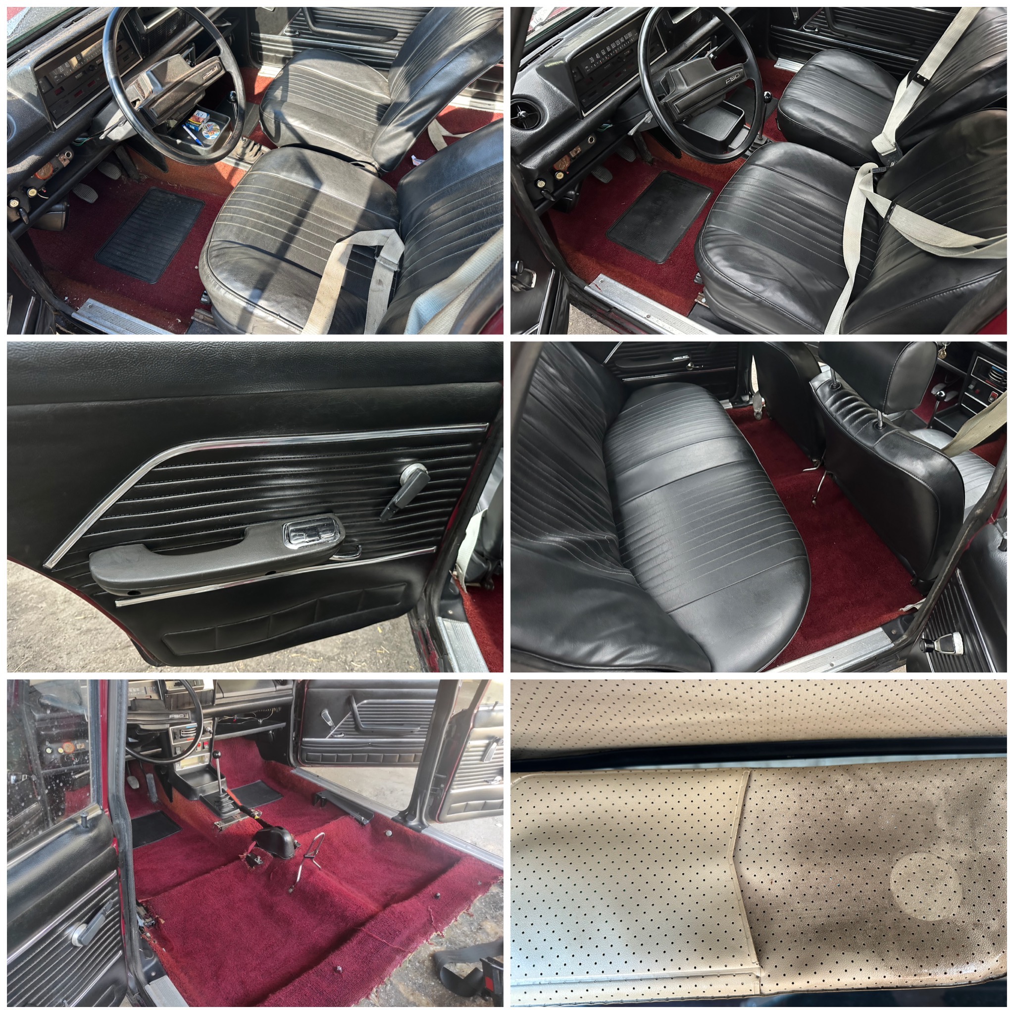 Wnętrze odrestaurowanego Fiata 125p: czarne skórzane fotele z pasami, bordowa wykładzina, detale deski rozdzielczej i podsufitki. Widok na odnowione wnętrze klasyka.