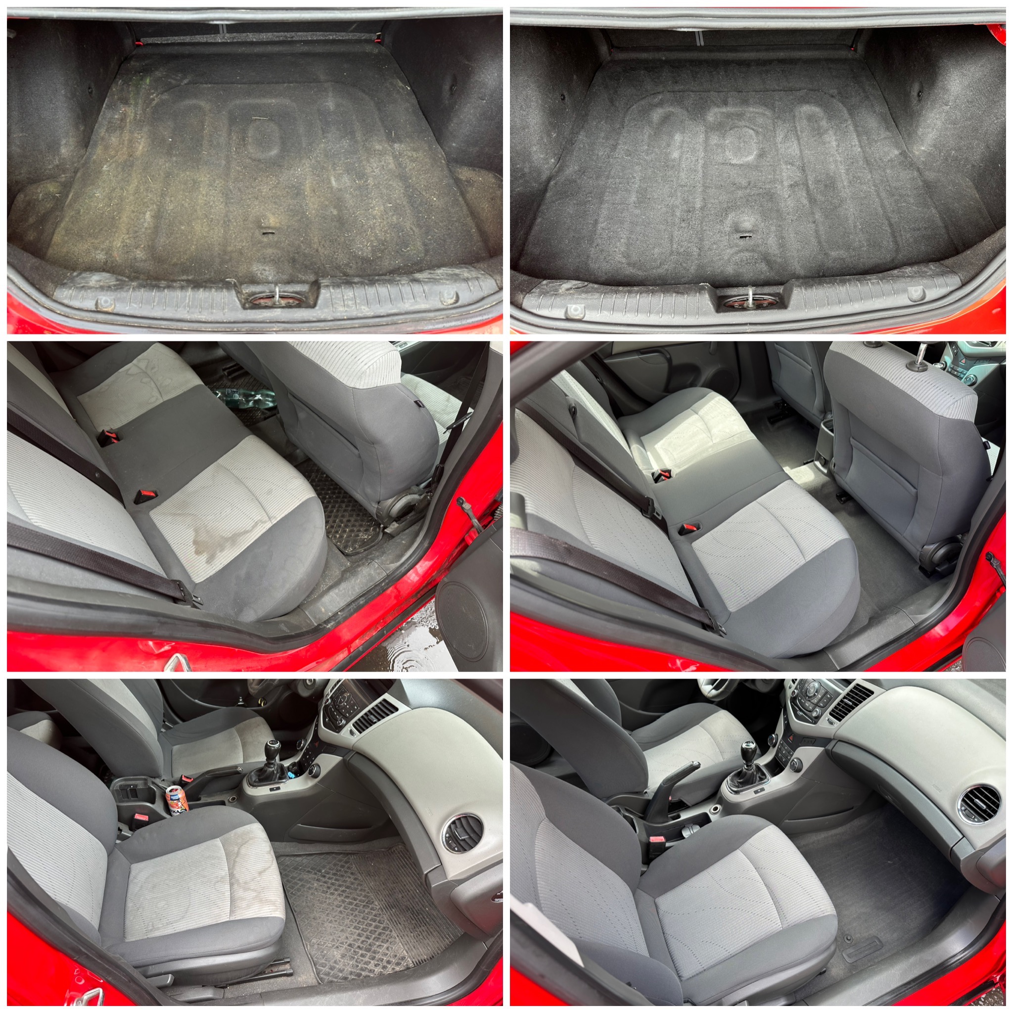 Czyszczenie wnętrza czerwonego auta w układzie 'przed i po': bagażnik, tylne i przednie siedzenia. Widoczne efekty prania tapicerki, usunięte plamy i zabrudzenia.