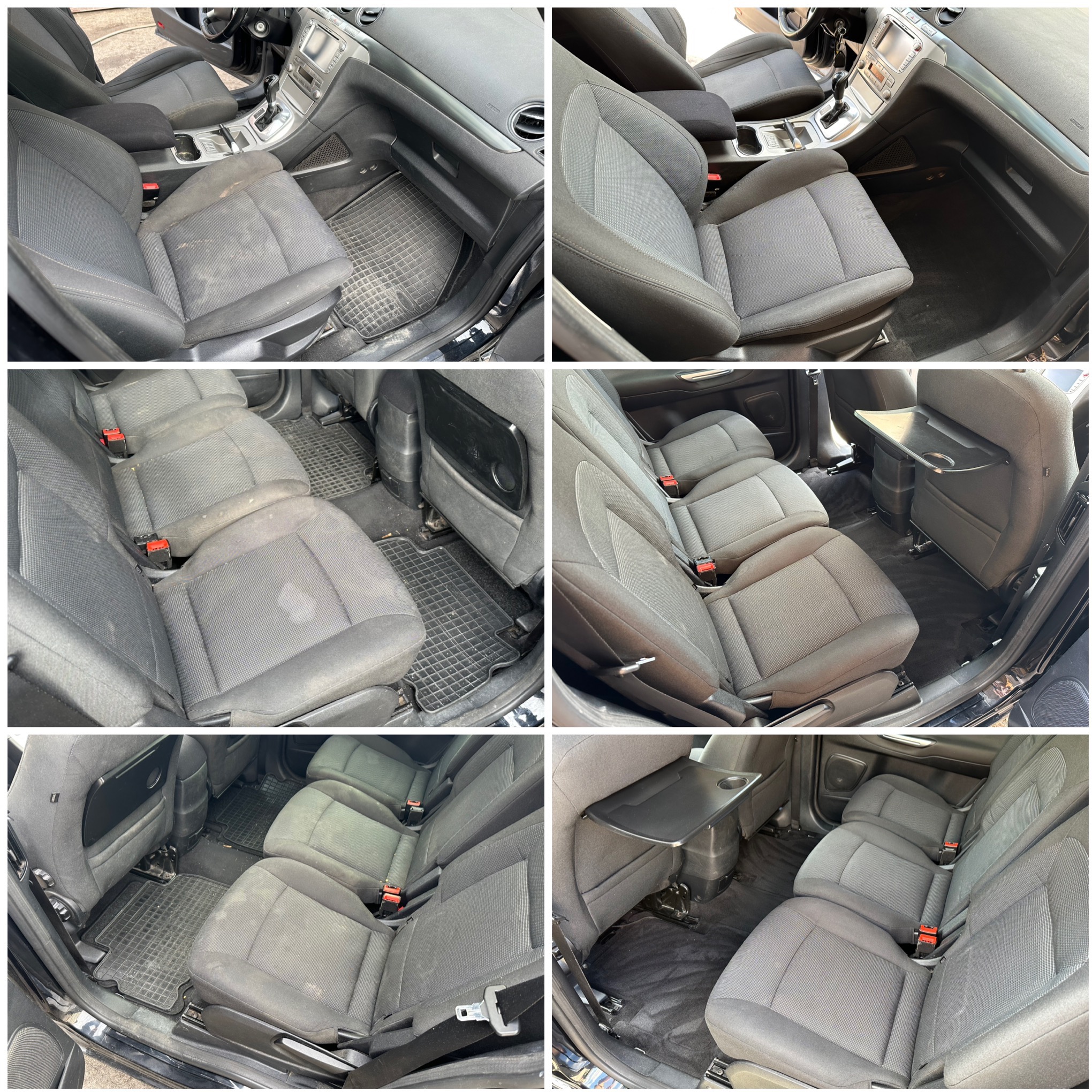 Kolaż zdjęć wnętrza samochodu przed i po czyszczeniu. Widoczne fotele z plamami i czyste dywaniki. Jasne wnętrze po praniu tapicerki, detale czyszczenia.