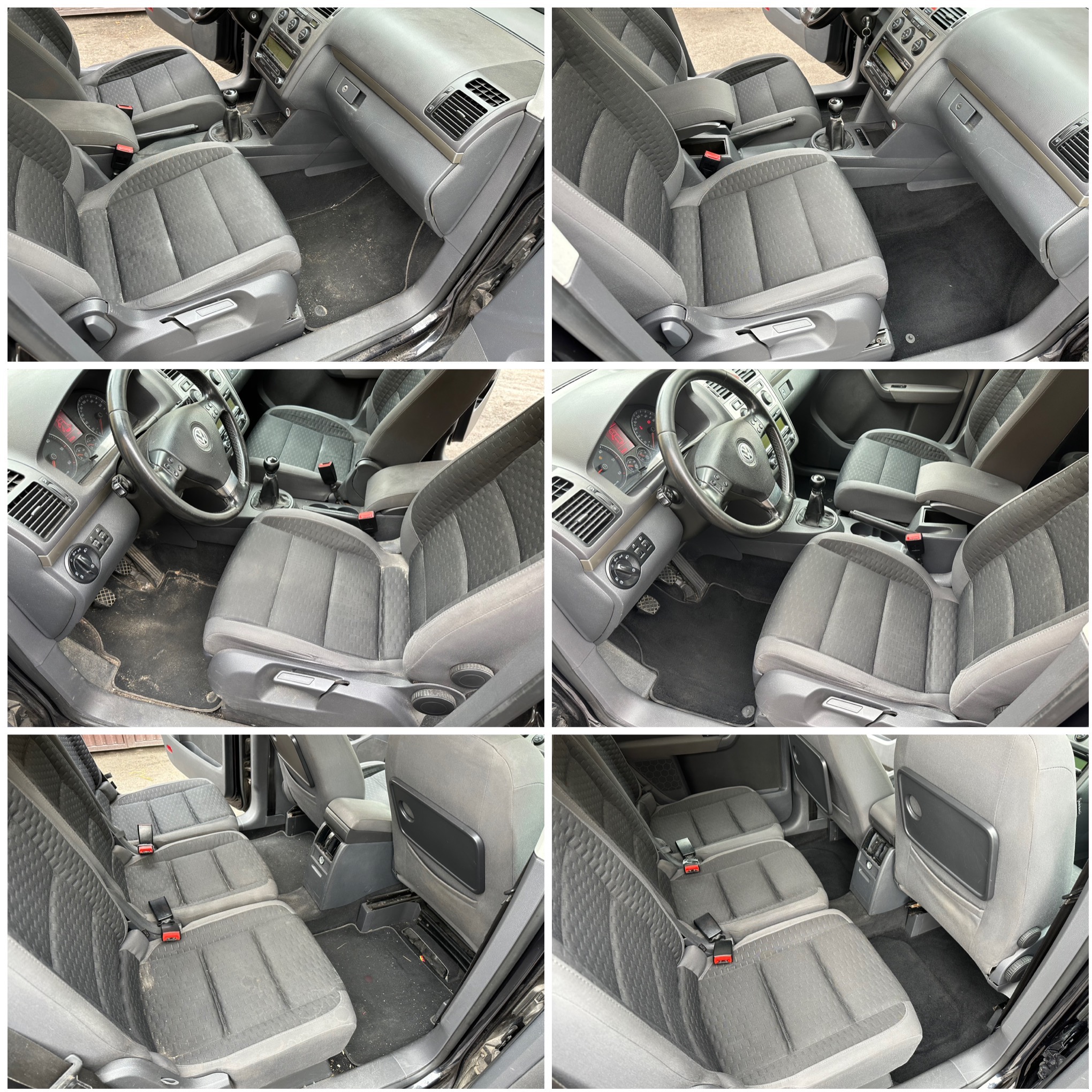 Kolaż zdjęć wnętrza samochodu przed i po czyszczeniu. Widoczne fotele, podłoga i deska rozdzielcza. Zauważalna różnica w czystości i wyglądzie.