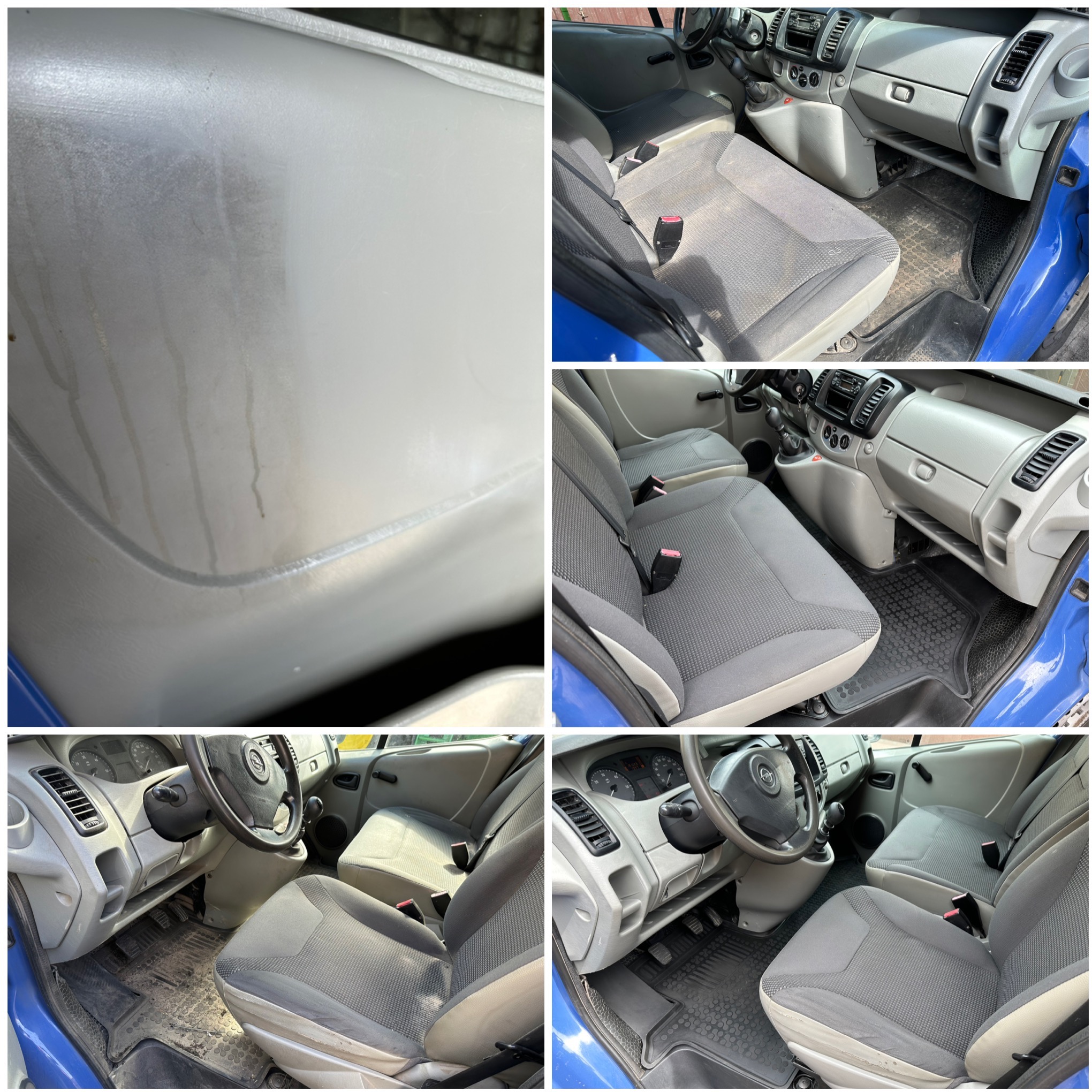 Brudne wnętrze busa przed czyszczeniem w Rakoniewicach. Widoczne zabrudzenia na podsufitce, fotelach i podłodze. Auto w kolorze niebieskim.