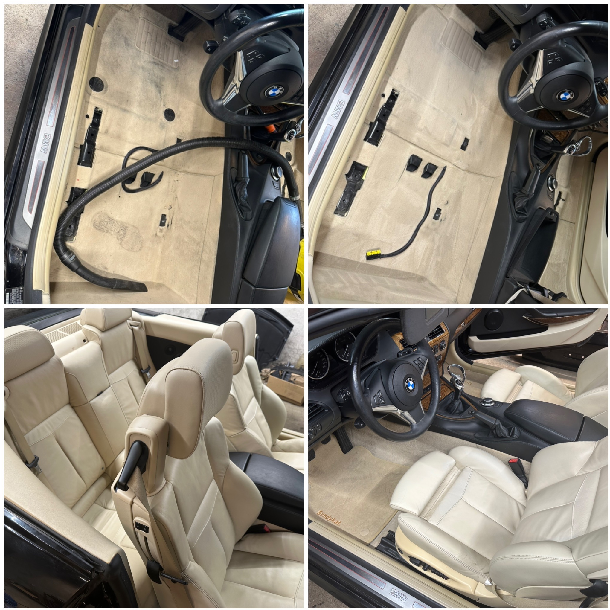 Czyszczenie wnętrza BMW cabrio: widok przed i po na dywaniki podłogowe i skórzane fotele, z użyciem odkurzacza. Detailing samochodowy.