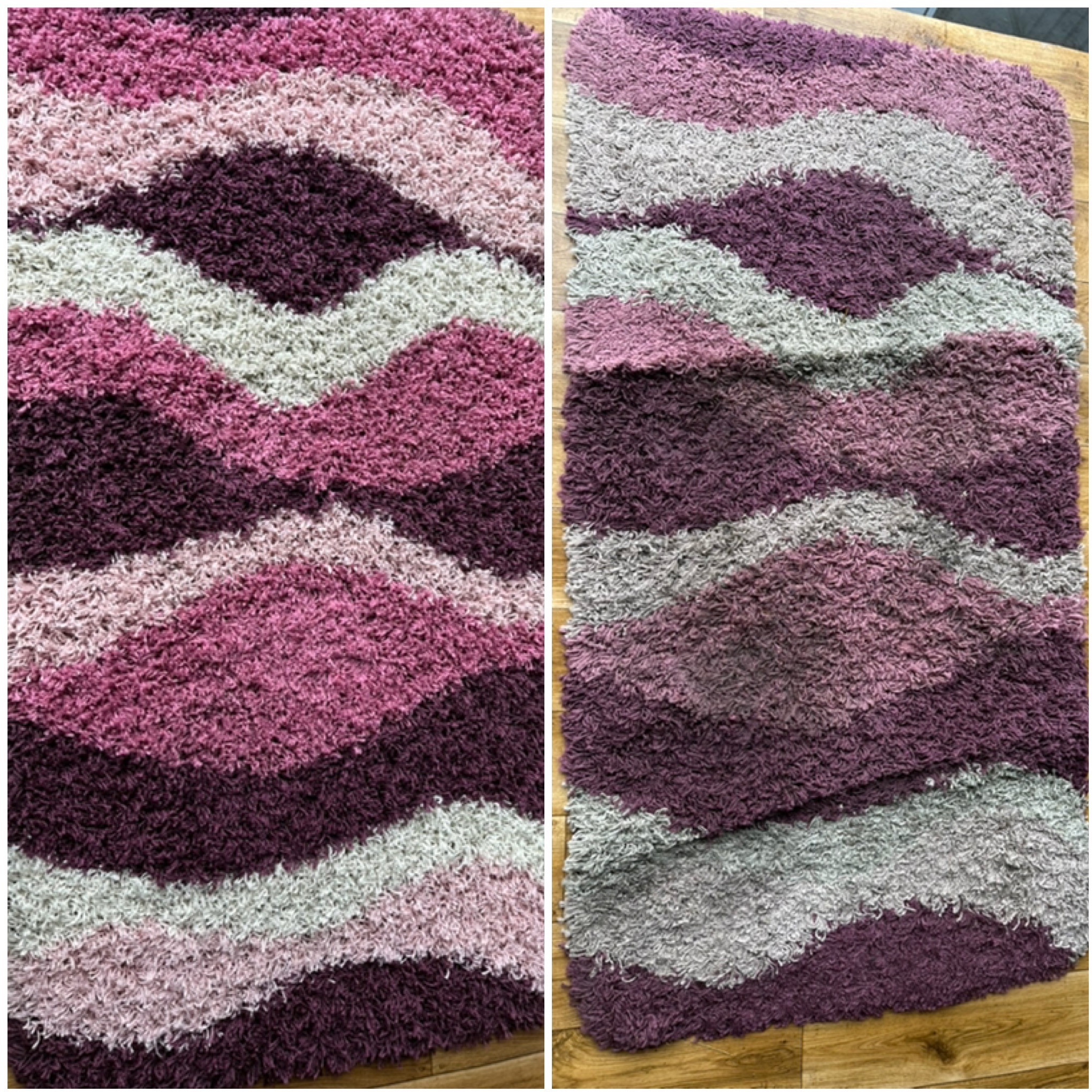 Puszysty dywan shaggy w odcieniach fioletu i szarości, ułożony na drewnianej podłodze. Widoczne nieregularne pasy i miękka tekstura włókien.