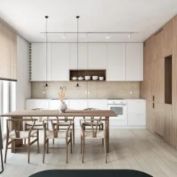 Jasna kuchnia z drewnianym stołem i krzesłami, białe szafki kuchenne z drewnianymi akcentami, minimalistyczny wystrój, okno z żaluzjami, nowoczesny telewizor na pierwszym planie.